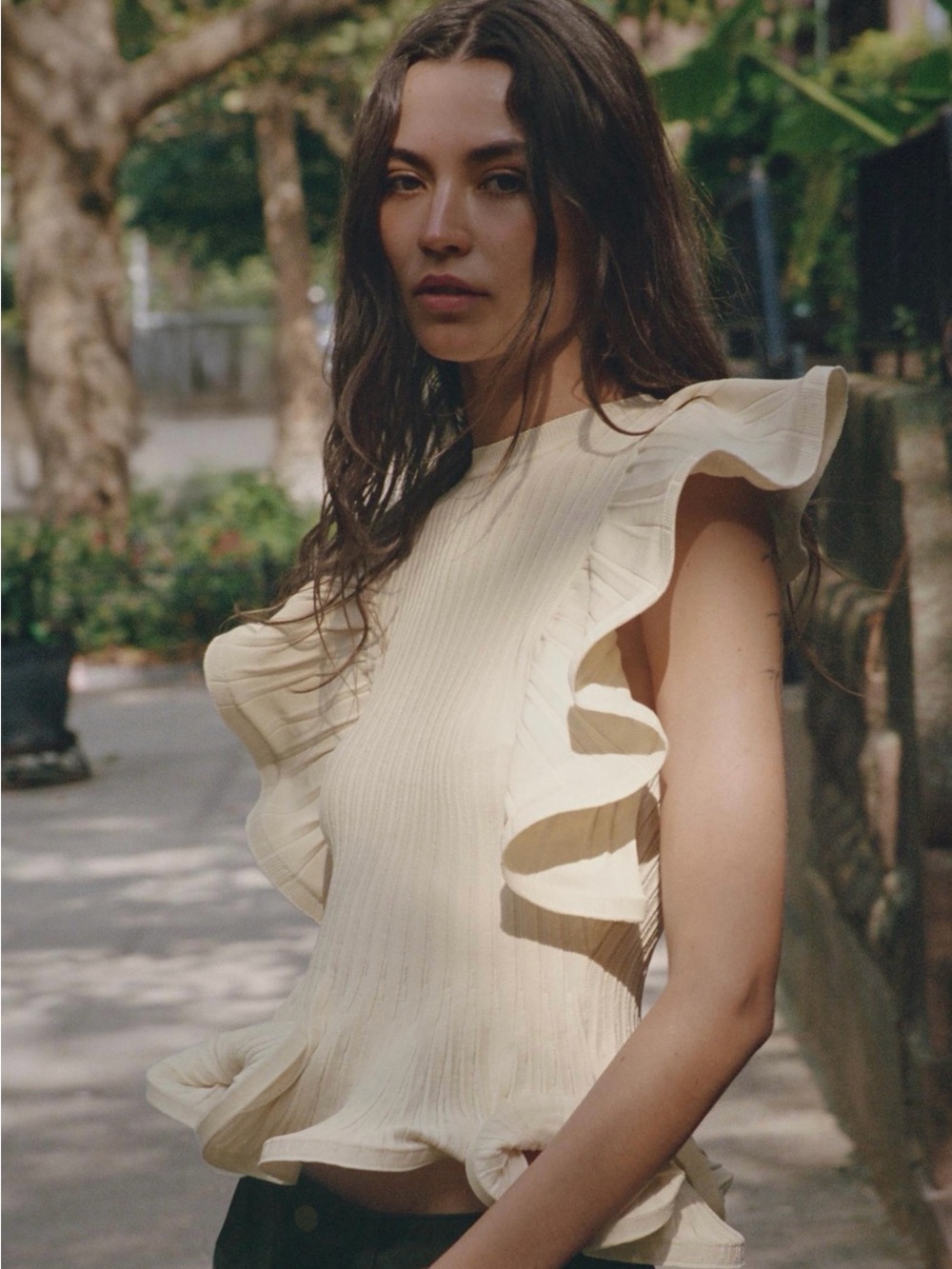 Zara Cream Ruffle Sleeve Ribbed Top